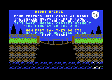 NIGHT BRIDGE title screen: the rules, the moon and the rope bridge