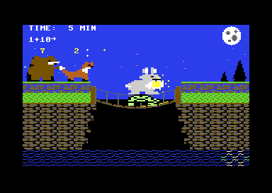 Halfway across: the rabbit rides the turtle, the planks lit by the jar